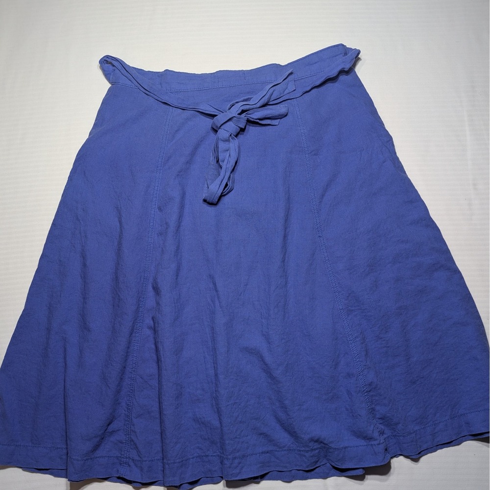 Maeve Anthropologie Blue Linen Blend Button Front Tie Waist Midi Skirt Size 12